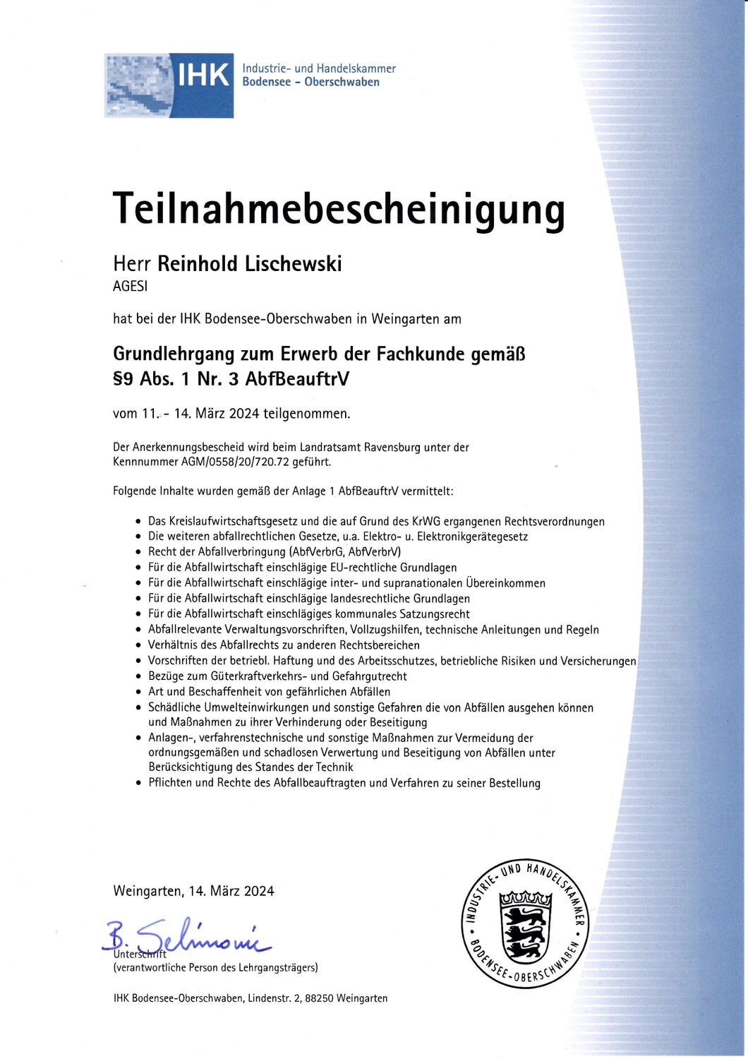 AGESI - Arbeitsschutz - Gesundheitsschutz - Sicherheitsberatung - Zertifikat