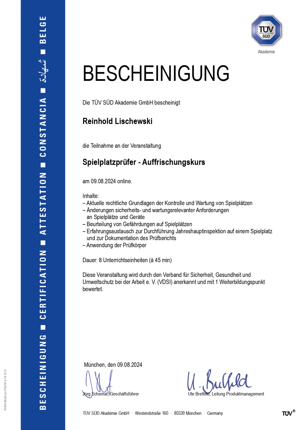 AGESI - Arbeitsschutz - Gesundheitsschutz - Sicherheitsberatung - zertifikat