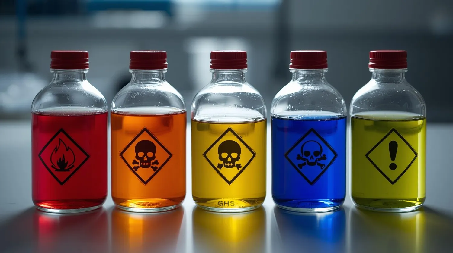 AGESI – Arbeitsschutz – Gesundheitsschutz – Sicherheitsberatung – mehrere Flaschen mit Chemikalien, die mit Gefahrenpiktogrammen des GHS (Global Harmonisiertes System) gekennzeichnet sind